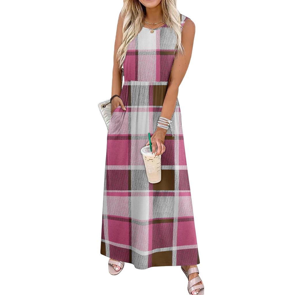Ladies' Plaid Printed Casual and Fashionable Waist Cinched Sleeveless Dress
