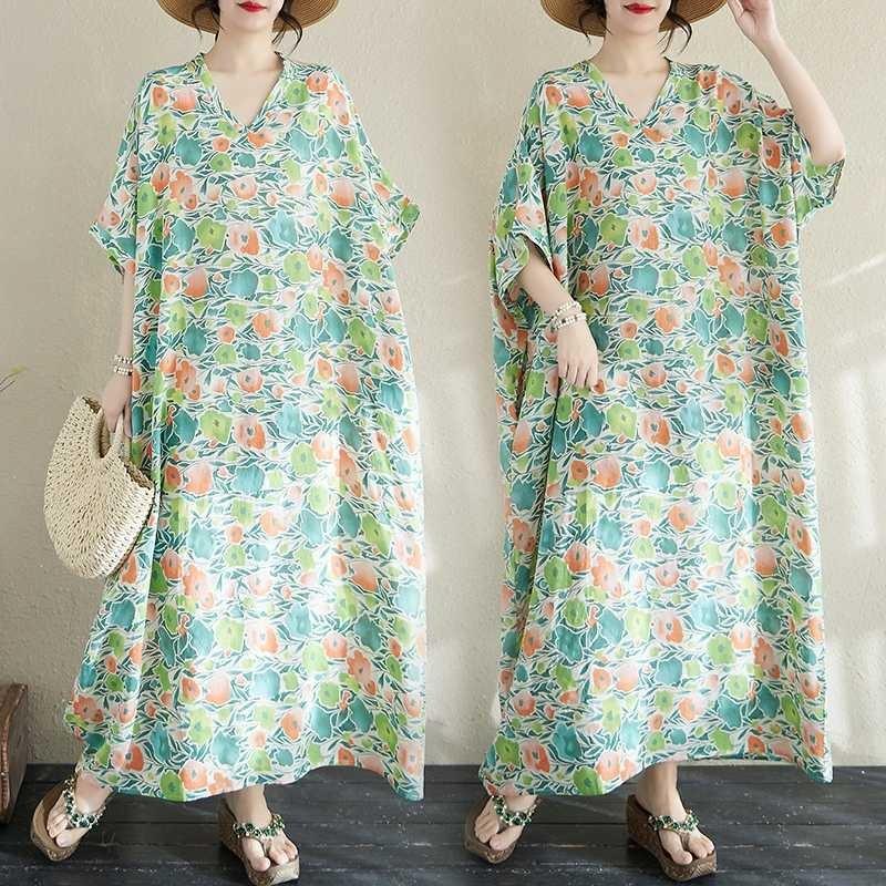 Women's Summer Floral V-Neck Maxi Dress Boho Linen Blend Beach Cover Up Loose Fit Vacation Dress with Side Slits