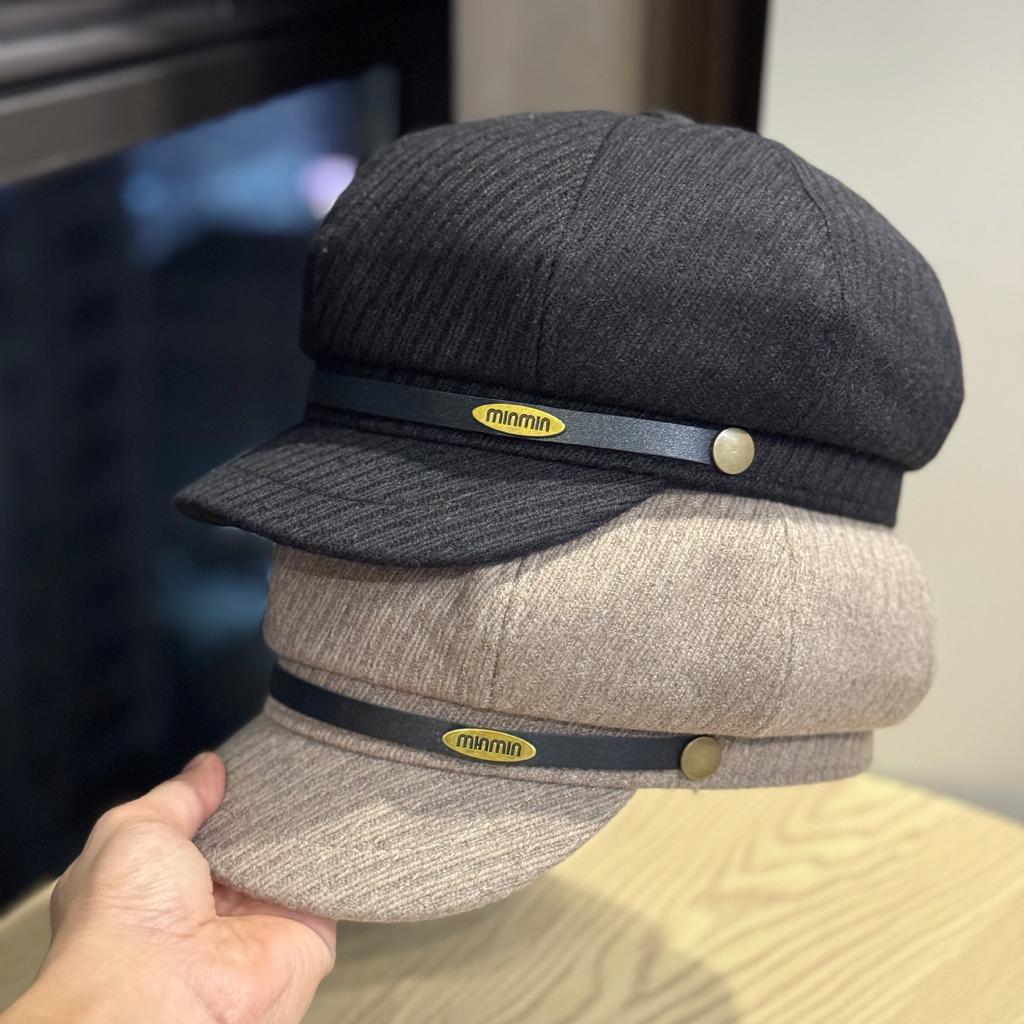 Retro Letter Small Label Belt Woolen Octagonal Hat for Women in Spring and Autumn Versatile Face showing Beret