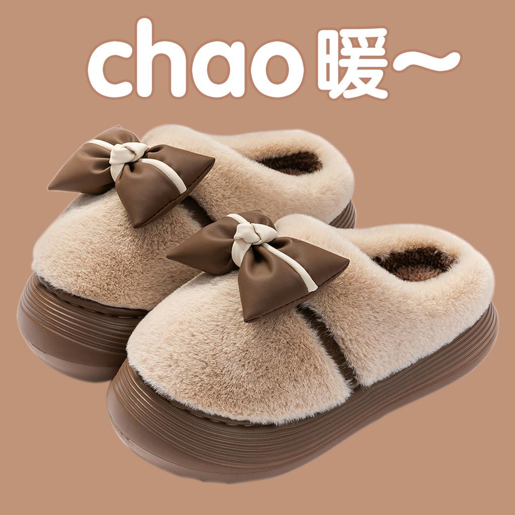 Bow cotton slippers autumn and winter outer wear fleece warm indoor home non-slip fluff mop cotton mop