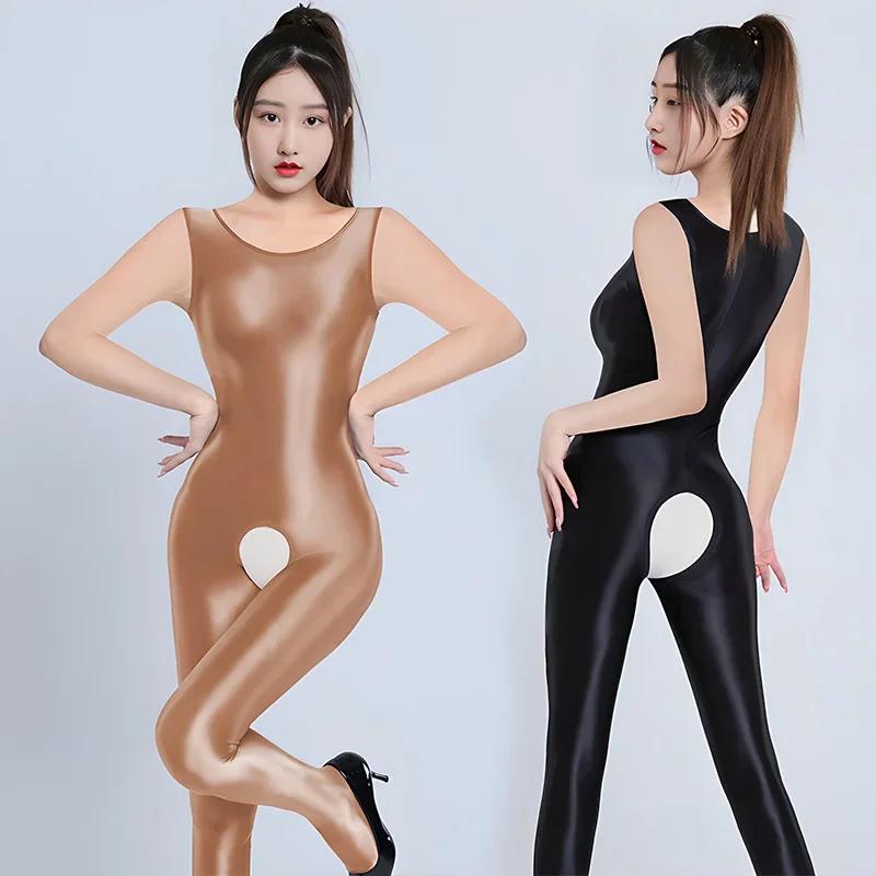 Sexy Shiny Glossy Backless Bodysuit Women'S Crotchless Sleeveless Jumpsuit Satin Smooth Tights One Piece Leotard Catsuit Ootd