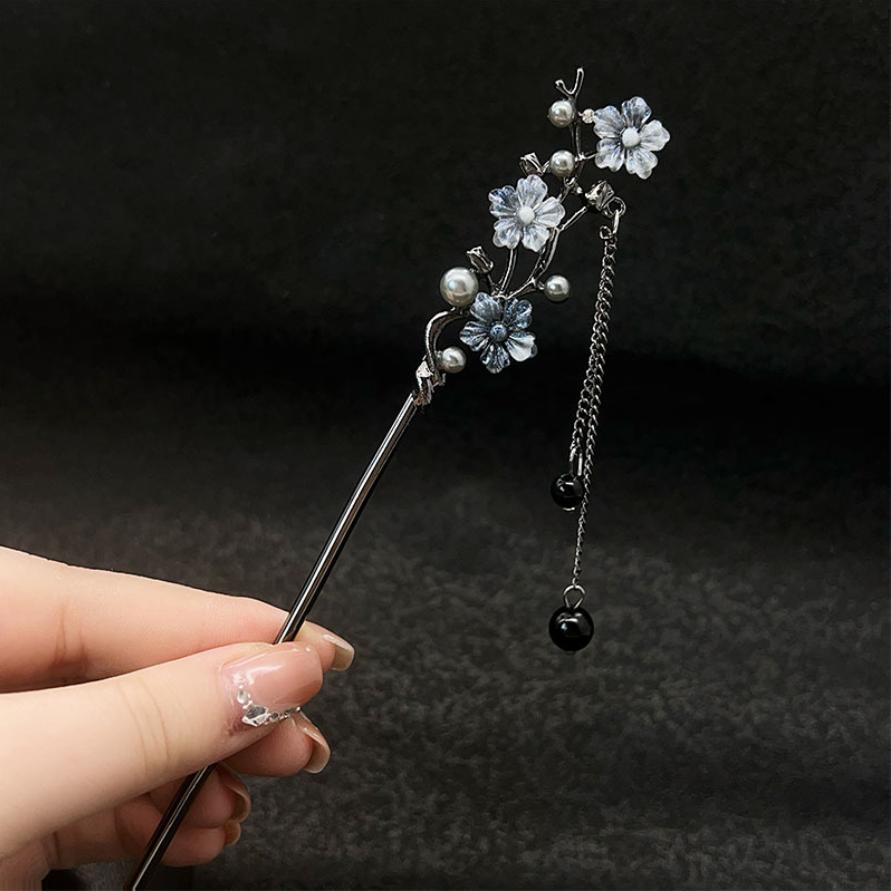 Modern Metal Hair Stick Ink Flower Metal Tassel Hairpin Forks For Women Black Beads Hair Clasp New Chinese Hanfu Hair Jewelry