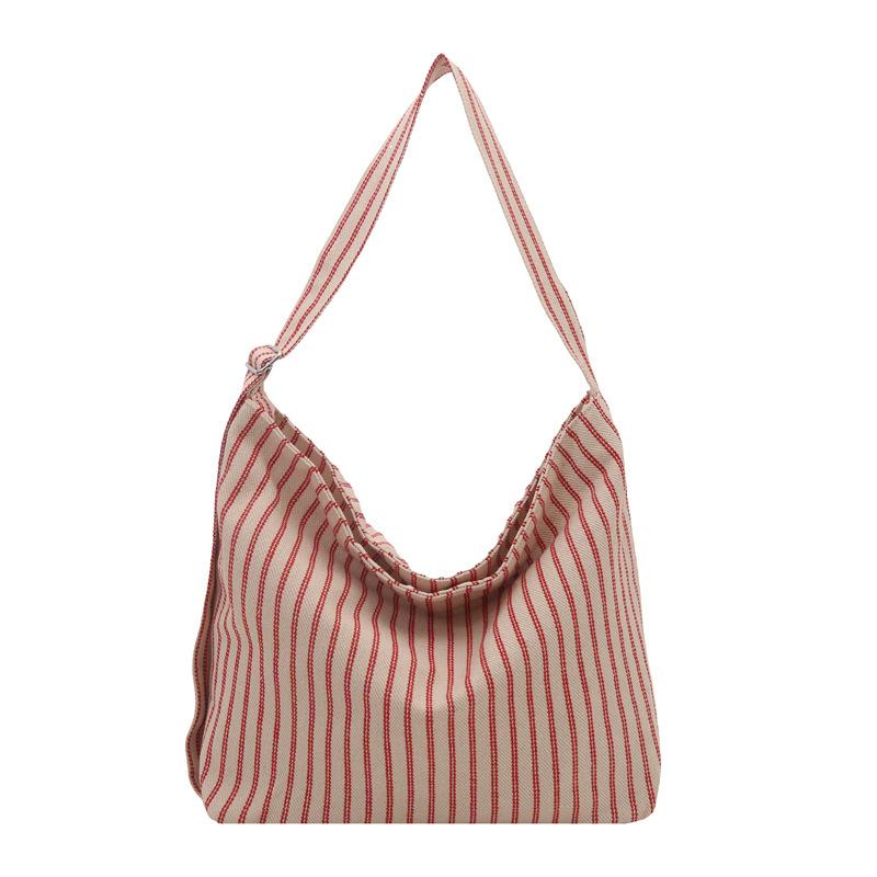 Korean Striped Canvas Bag Women's 2025 New Trendy Fashion College Wind Tote Bag Casual Large-capacity Bucket Bag