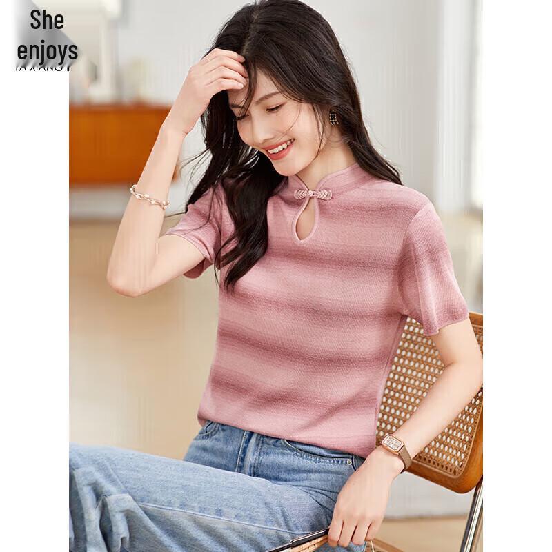 Women s New Chinese Style Striped Knit T-Shirt with Frog Buttons M