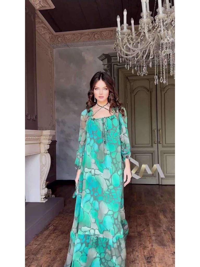 2024 Summer European & American Women's Color Block Print Elegant Long Dress - Slim Fit, Square Neck, Long Sleeves