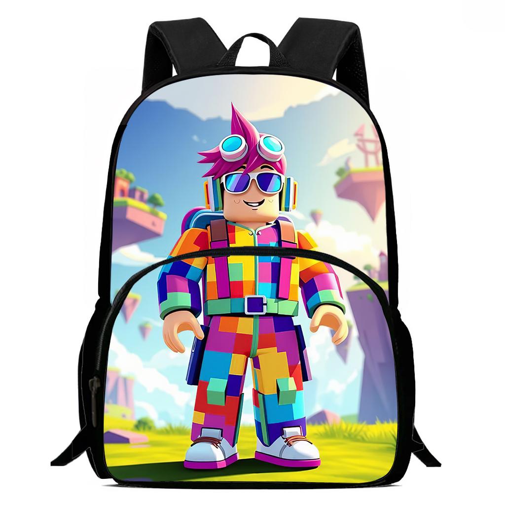 15-Inch Roblox Cartoon Backpack, Large Capacity Back Support Backpack with Front Pocket, Suitable for Unisex Children Aged 5-8