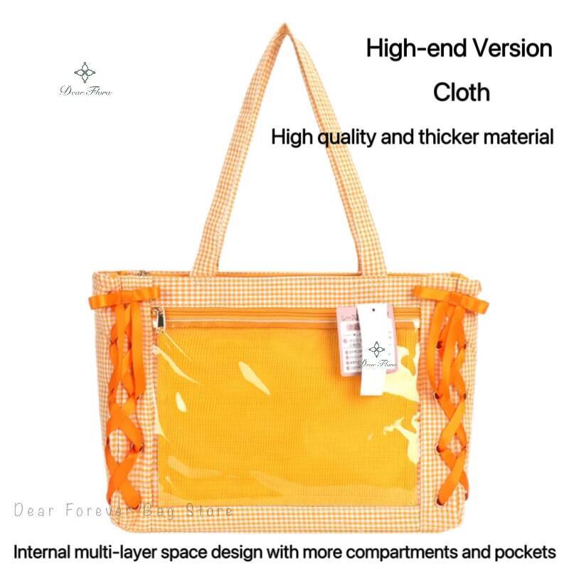 Japanese Sweet Women Ribbon Ita Bag Fashion Large Capacity Tote Bag Aesthetic Shoulder Bag Cute Lolita Girl Transparent Handbags
