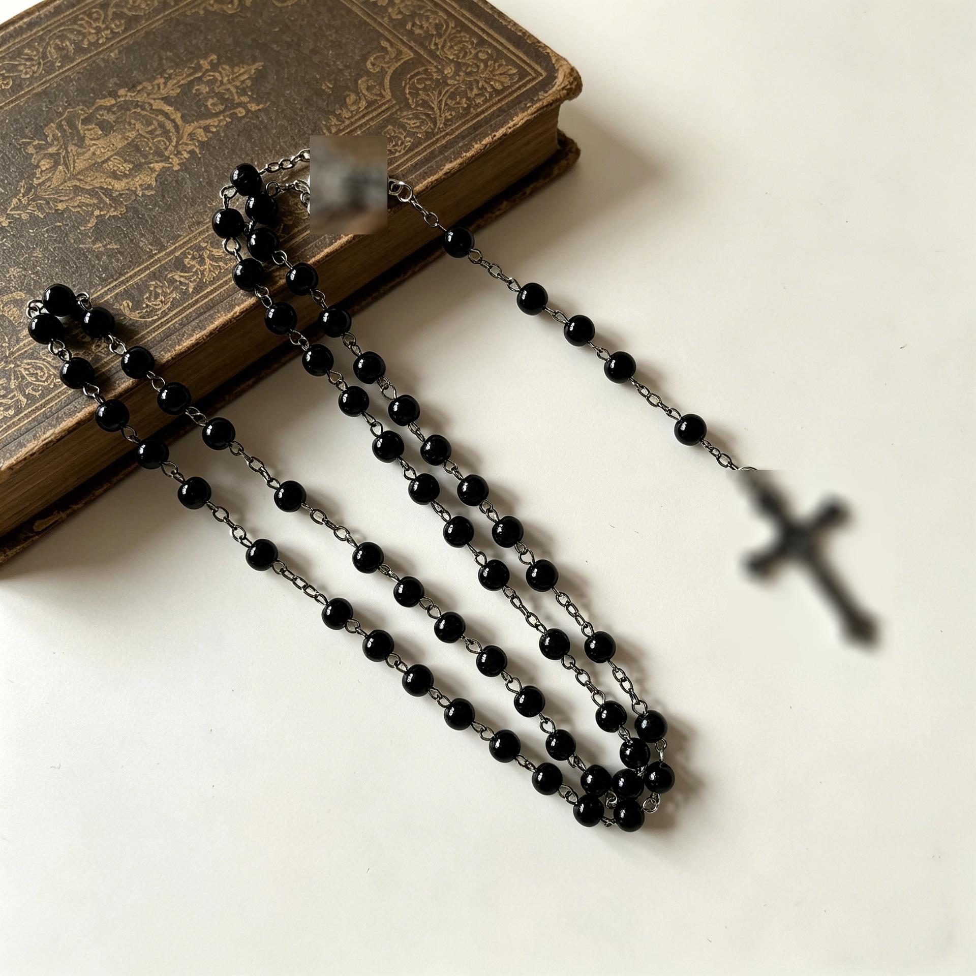 Cross Black Glass Beads Rosary Necklace - 6mm, 59 Beads Sweater Chain Accessories Electroplated