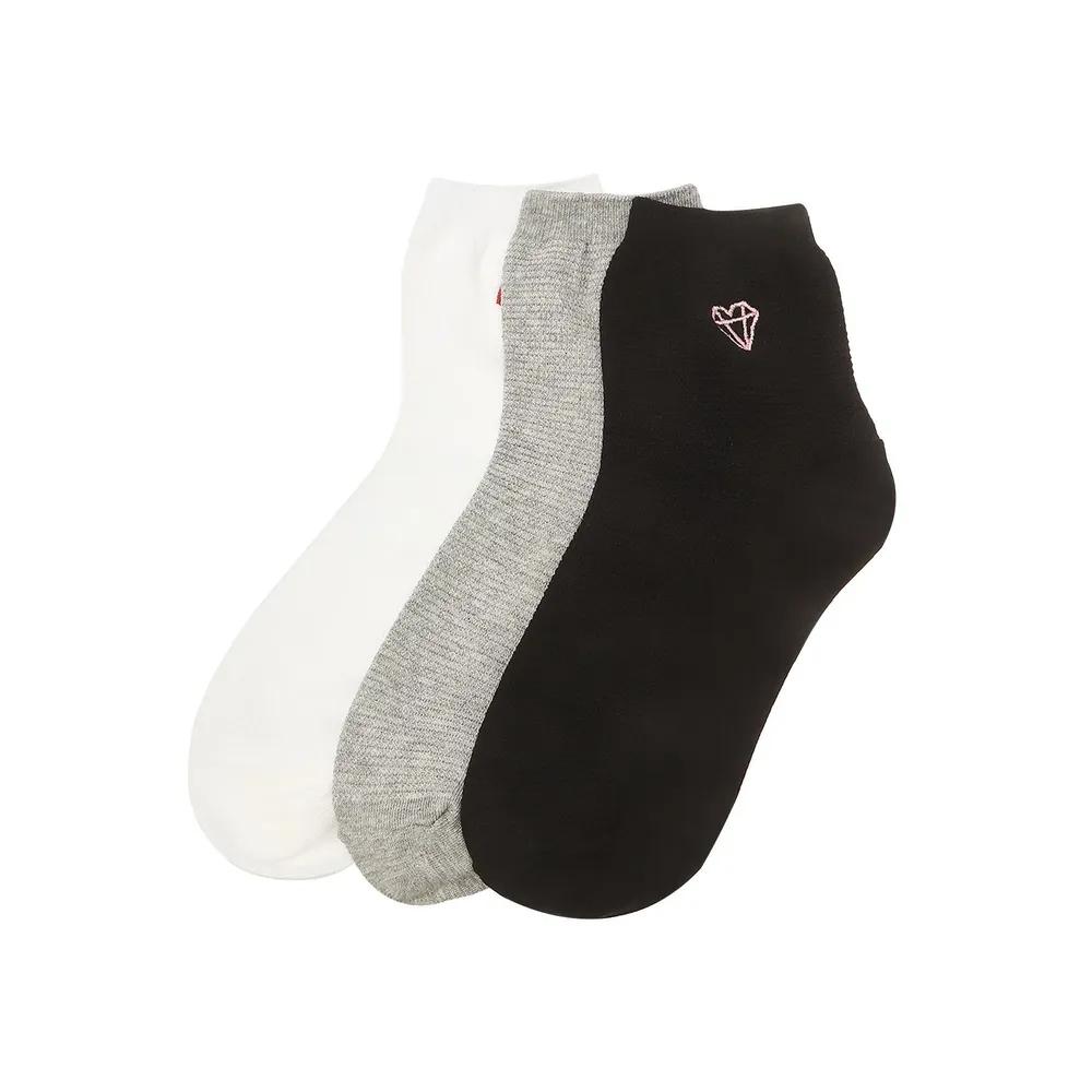 JASS6E102BK [Gift Wrapping + Free Shopping Bag] Petit Embroidered Women's Cotton Blend Mid-calf Socks 3-Piece Set