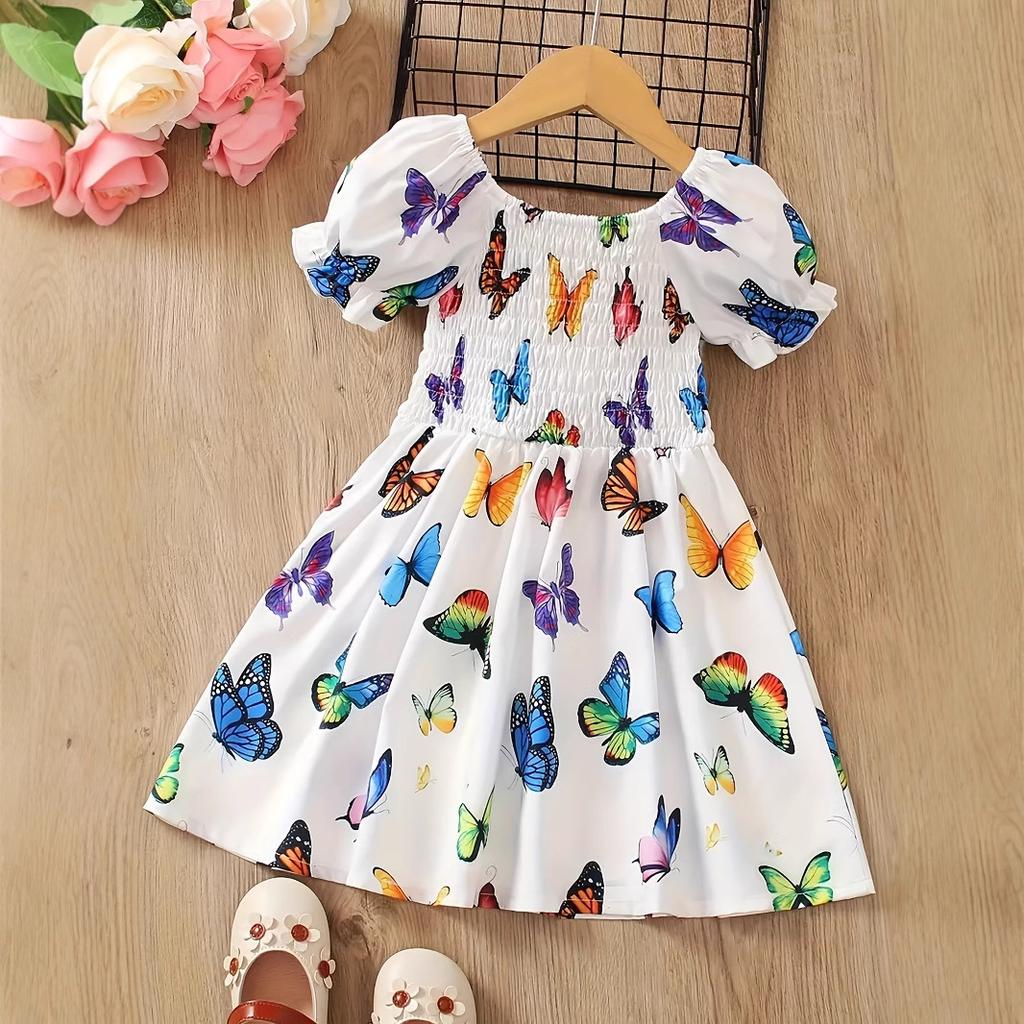 Girls Casual Butterfly Full Print Dress Summer Kids Dress Sweet