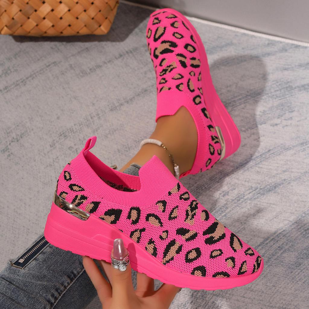 Fashion Leopard Print Knitted Wedge Sneakers for Women Lightweight Slip On Running Shoes Woman Soft Sole Comfortable Casual Shoes 37-44