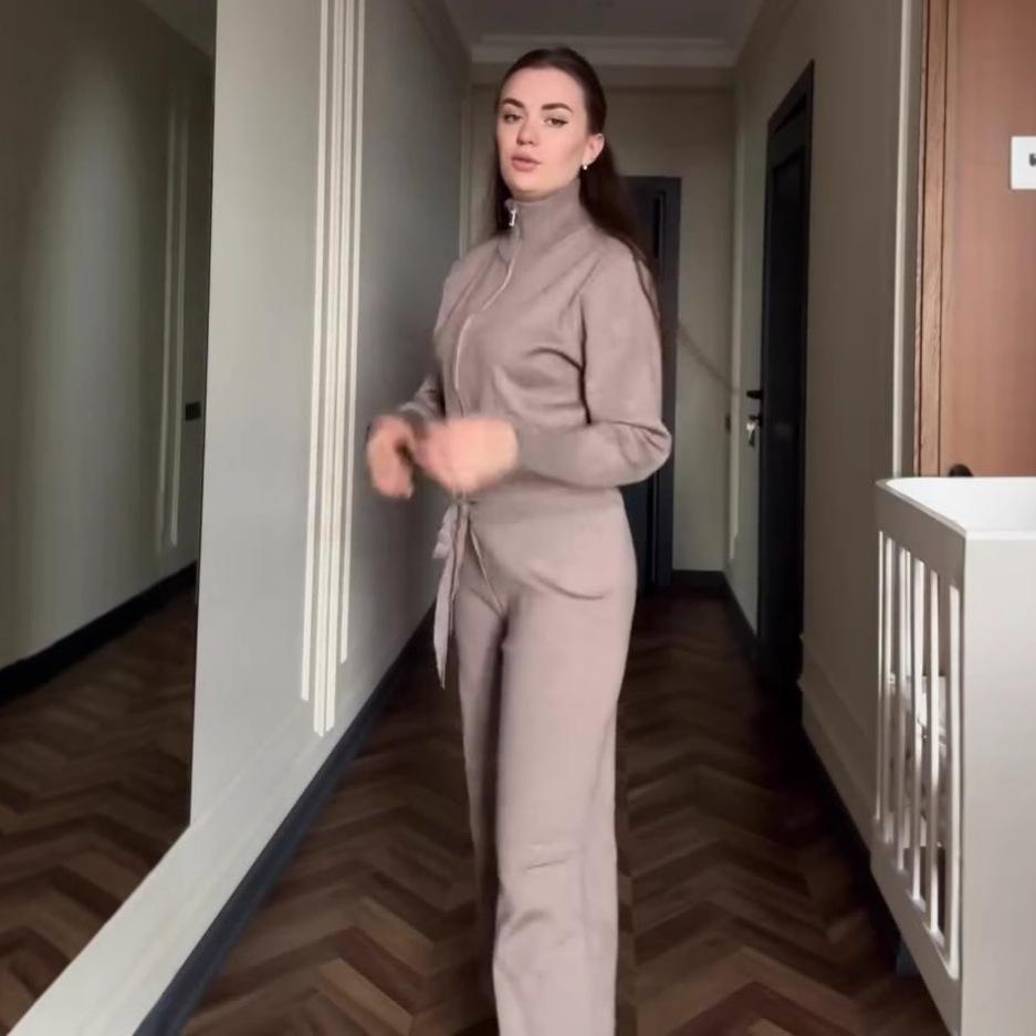 Women's Casual High Neck Zip-Up Top with Wide Leg Pants Set, Elegant Loungewear Outfit