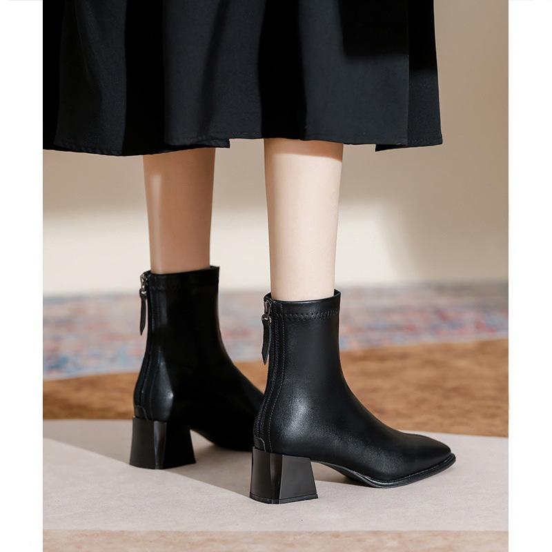 2025 new thick heel short boots women's French square head spring and autumn single boots fashion medium tube thin boots black high heel boots