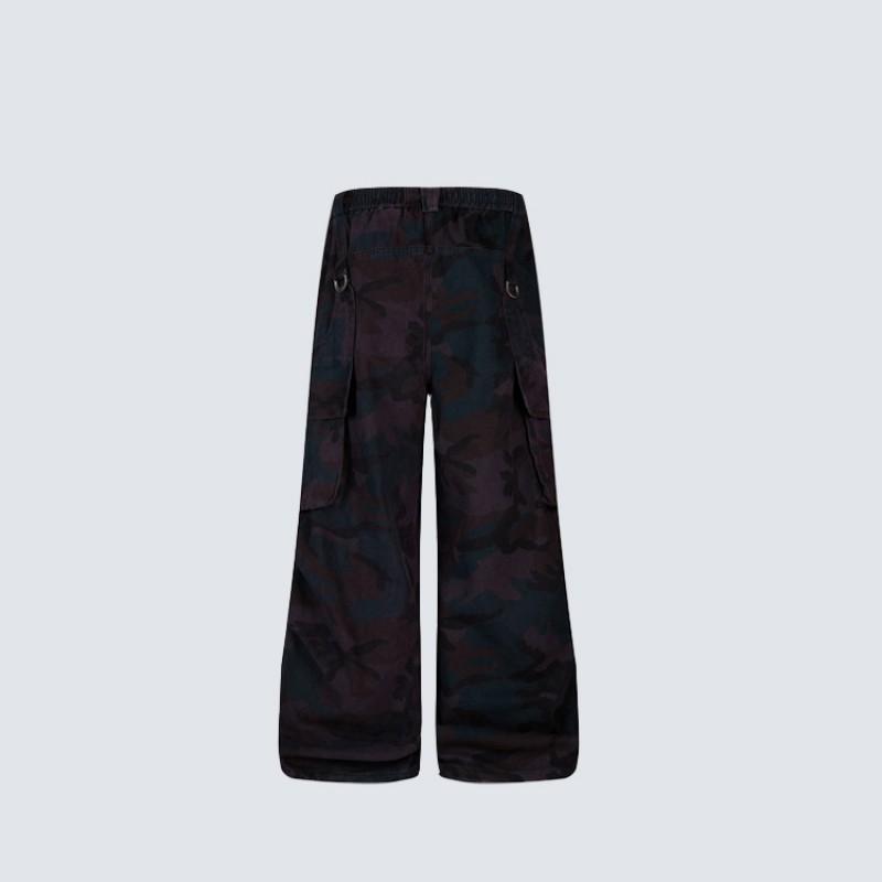 Dark Camo Cargo Pants Relaxed Fit Straight Leg Drawstring Trousers Multi-Pocket Casual Teens