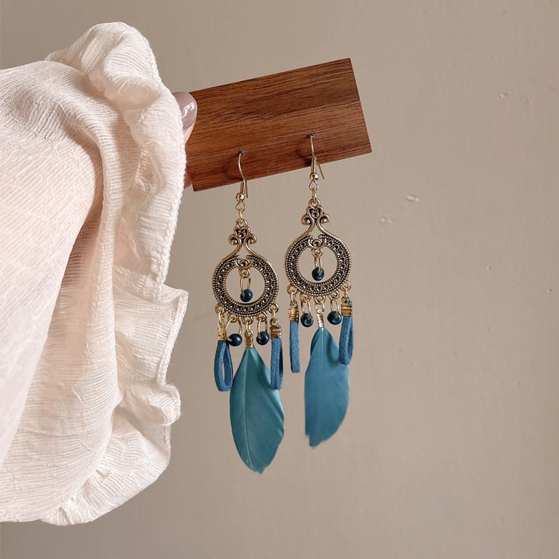 Bohemian Feather Seed Bead Tassel Earrings - Retro Ethnic Dangle Jewelry