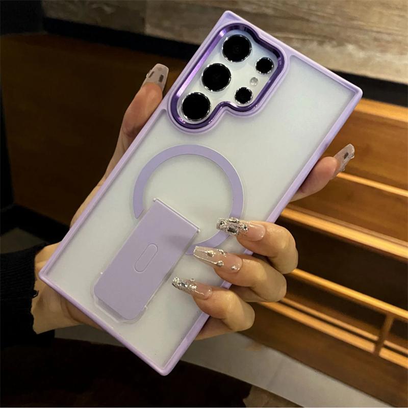 

Роскошный матовый чехол для беспроводной зарядки Magsafe, складной держатель-подставка, магнитный чехол для Samsung S24 S23, ультра-ударопрочный прозрачный чехол с полной защитой For Samsung S23Ultra фиолетовый