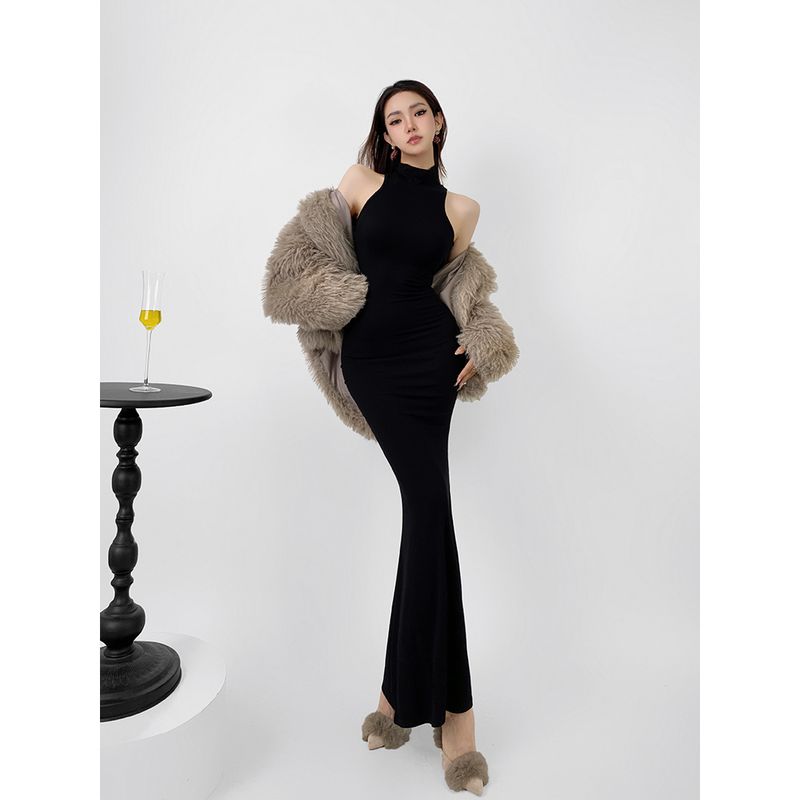 

Grace Fashion Sexy Style Turtleneck Base Sleeveless Bodycon Dress Skinny Slimming Adult Lady like Woman Halterneck Dress Long Dress Black S