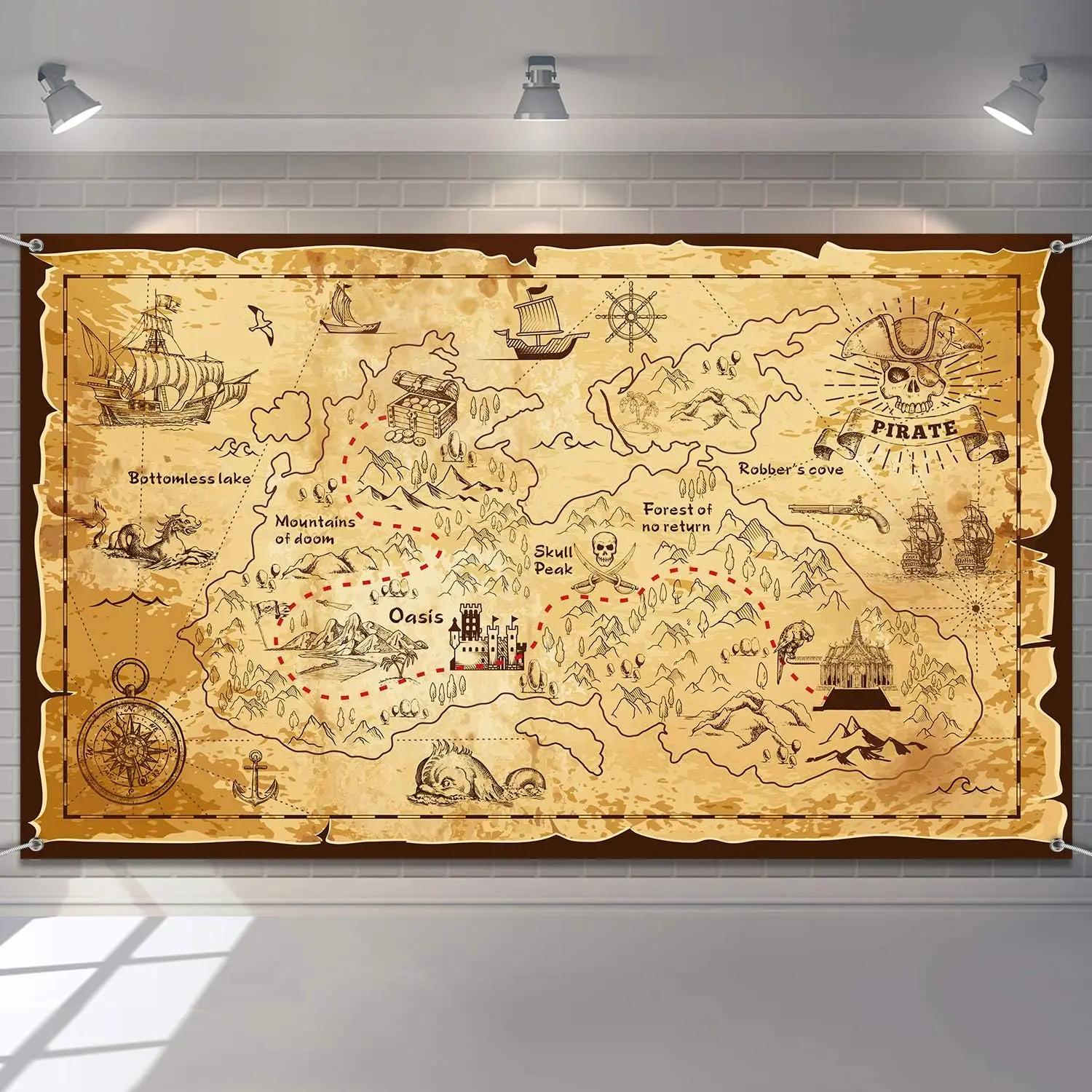 Pirate Retro Treasure Map, Polyester Background Cloth, Vintage Living Room Decoration Treasure Map Poster (as the picture,70x100cm)