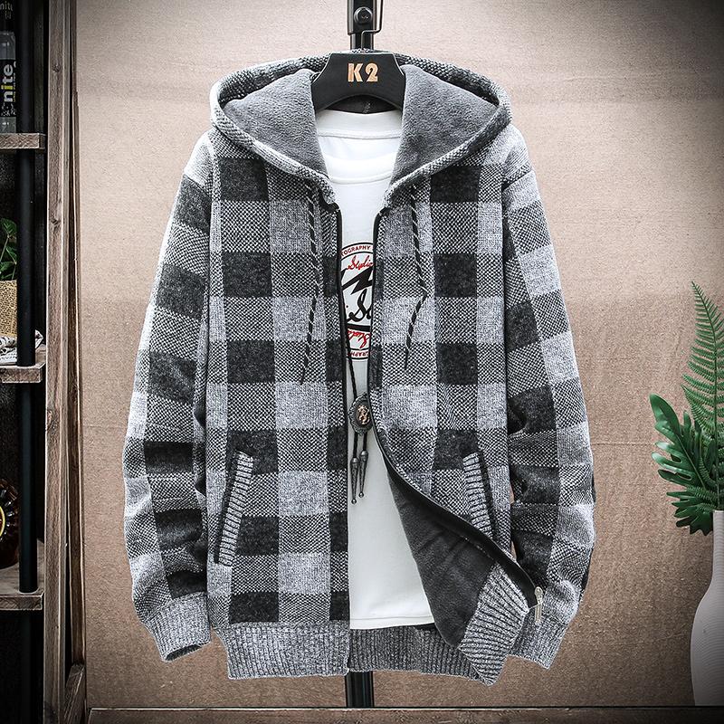 Men's Winter Plaid Sweater Hooded Cardigan Coat Fleece Warm Knit Jackets