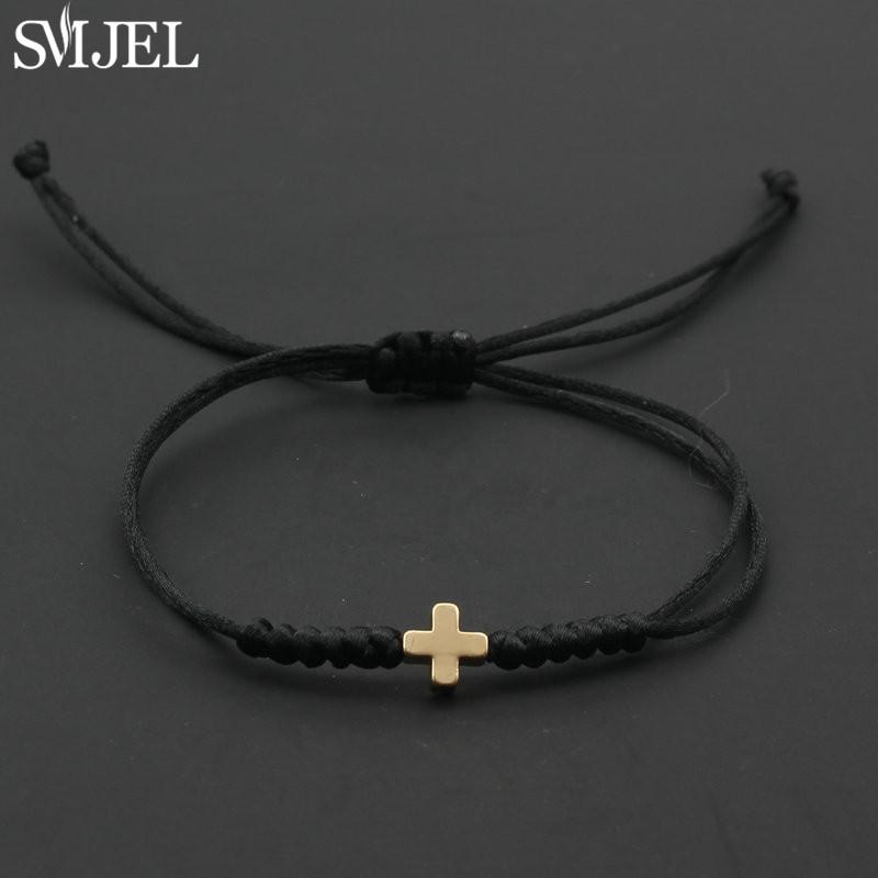 Vintage Tiny Cross Charm Handmade Adjustable Braided Bracelet for Women Lucky Black Red Rope Chain Bracelets New Year Gifts