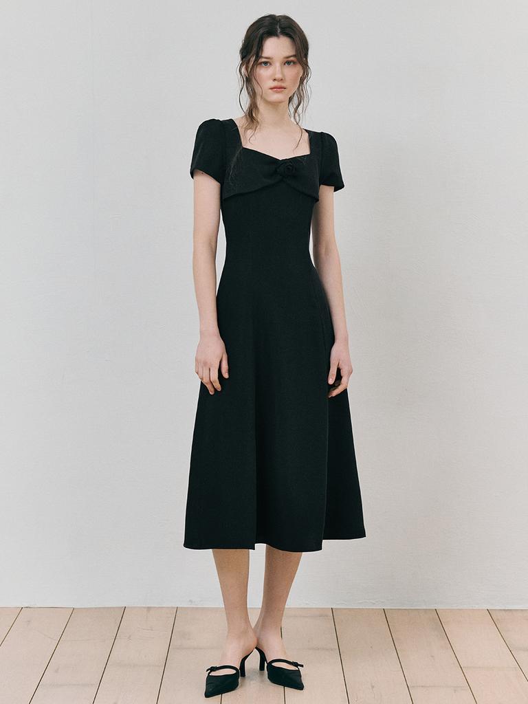 Etmont Heart Neck Ribbon Dress, Black