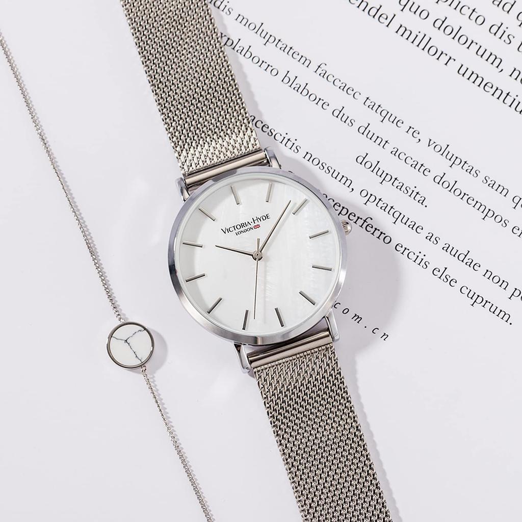 VICTORIA HYDE Uhrenarmband-Set, einfache Quarzuhr, wasserdicht, Edelstahl-Mesh-Band, abnehmbar, modische Uhr, Geschenk für Damen (Grau)