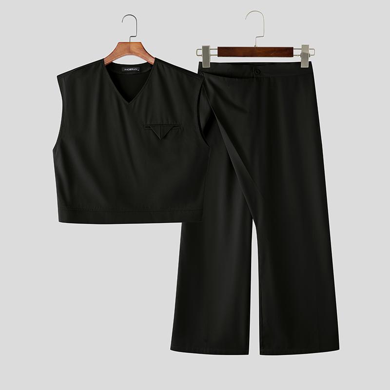 INCERUN 2PCS Men Sleeveless Cropped Tank Tops and Straight Trousers Pants Sets Outfits