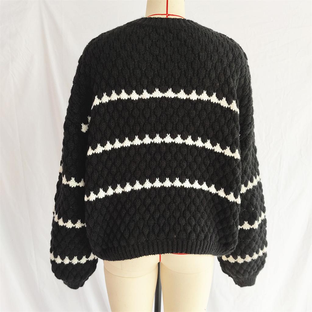 Autumn and winter new sweater thick needle loose oversize Fried Dough Twists stripe round neck pullover women 3614