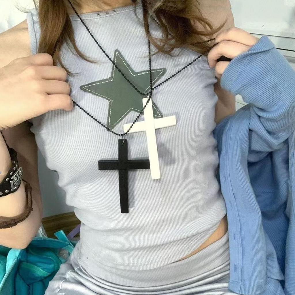 Dark Retro Gothic Wooden Cross Necklace - Y2K Punk Style for Women