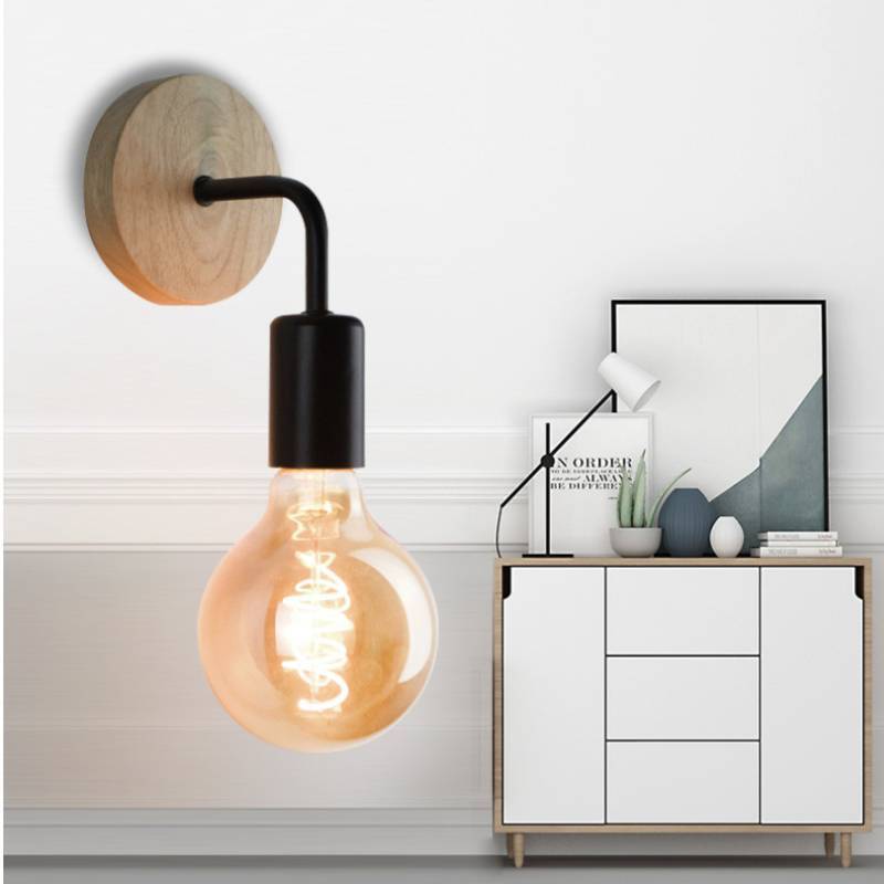Modern Minimalist Iron Wall Lamp With Wooden Base For Bedroom Living Room Decor