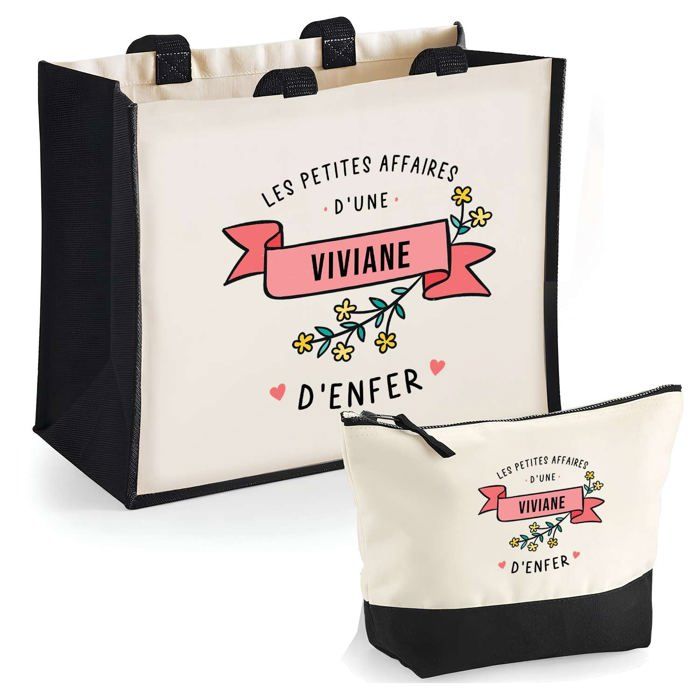 Duo cabas jute et trousse les Affaires d'une Viviane d'Enfer Cadeau Anniversaire Noël | Sac de courses Pochette Maquillage Shopping