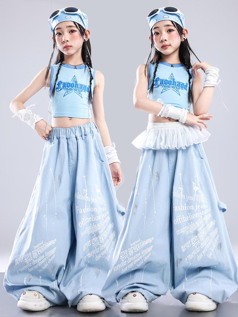 Trendy Blue Jazz Dance Costumes for Girls - Fashionable Performance Outfits for Children's Fashion Shows