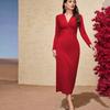 Women Evening Gown - Deep V Neck Long Sleeve Knot Bodycon Solid Color Dress
