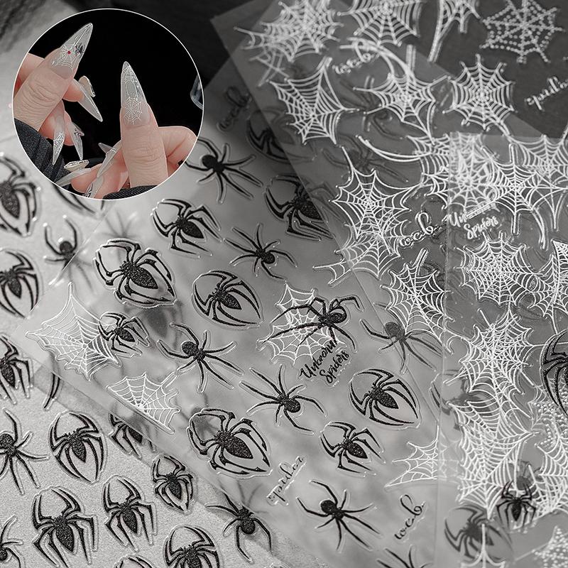 5D Relief Halloween Spider Nails Sticker Black Spiders Cobweb Embossed Diy Manicure Decals