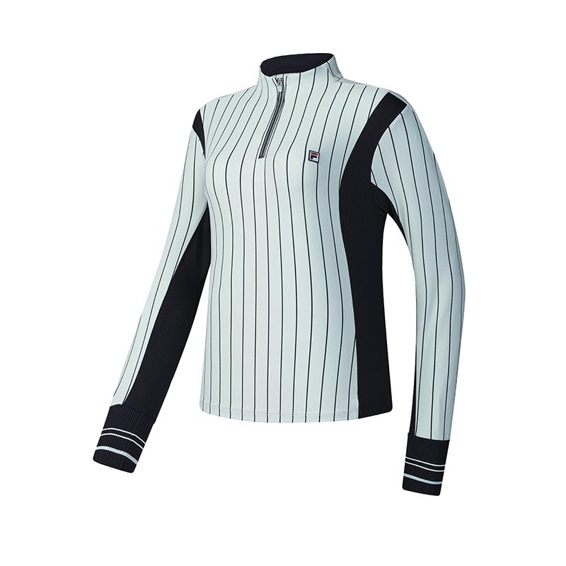 FILA Fitted Striped Stand Collar Long Sleeve T-Shirt Women Tops A11W513222FZB