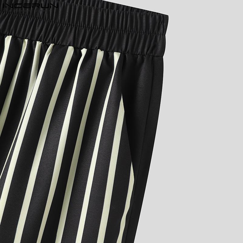 INCERUN Two Piece Suit Men Long Sleeve Casual Baggy Striped Tops And Long Pants Homewear