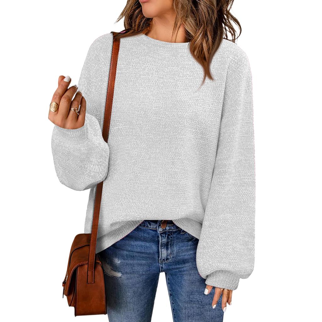 Women's Fashion Round Neck Pullover Sweater Casual Versatile Solid Color Knit Top