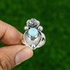 Gift For Her Natural Larimar Stackable Flower Adjustable Ring 925 Silver