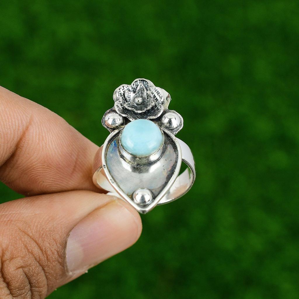 Gift For Her Natural Larimar Stackable Flower Adjustable Ring 925 Silver