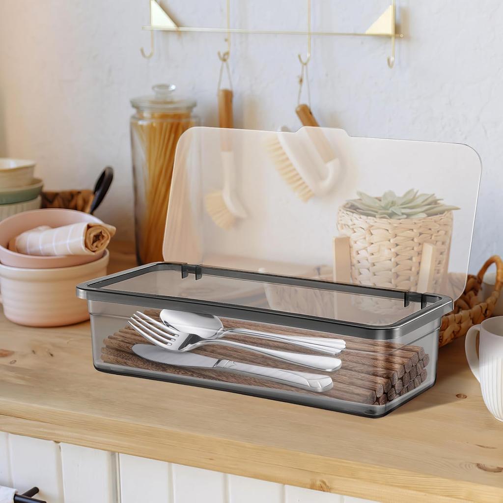 Flatware Trays with Lid 3 Pcs Cutlery Chopsticks Organizer Drain rack for Kitchen Drawer, Silverware Holder Storage Box with Cover, Utensil Drawer