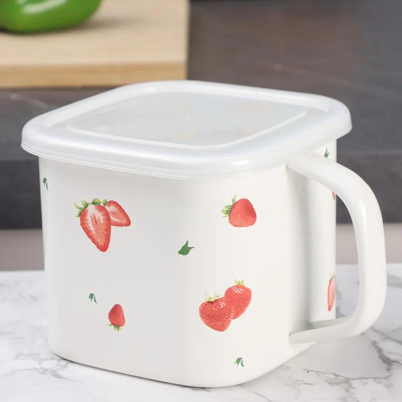 Enamel Enamel Instant Noodle Cup, Square Instant Noodle Bowl with Lid, Rice Box Enamel Soup Bowl Preservation Box