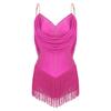 Womens Dance Leotard Ruched Mesh Drapes Glittery Rhinestones Adjustable Straps Cutout Fringe Bodysuit Performance Wear
