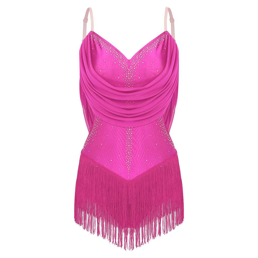 Womens Dance Leotard Ruched Mesh Drapes Glittery Rhinestones Adjustable Straps Cutout Fringe Bodysuit Performance Wear