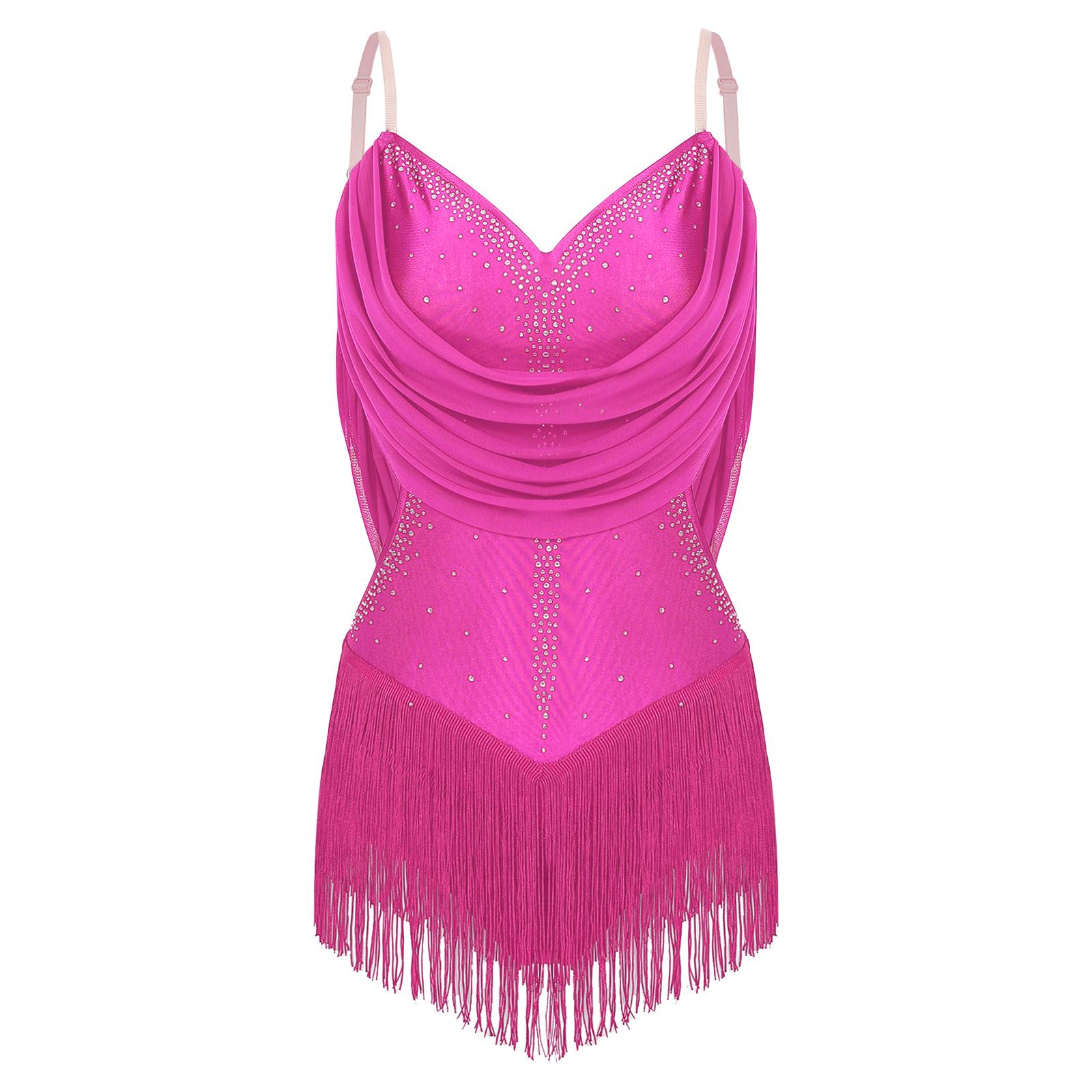 

Женский купальник для танцев с драпировкой из сетки, кисточками, блестящими стразами, регулируемыми бретелями и вырезом с бахромой M горячий розовый