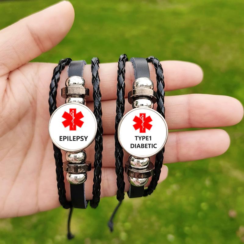 Medizinischer Alarm ID Typ 2 Diabetiker Armband für Männer Epilepsie ALERGIE COPD Glas Benutzerfoto Handgefertigte Lederarmbänder Geschenk