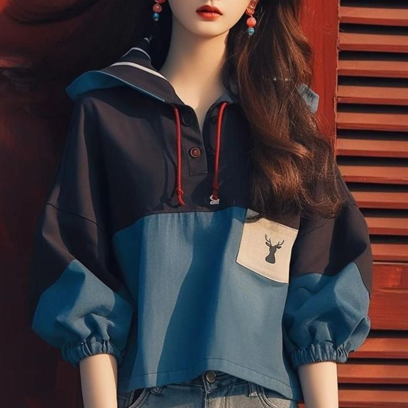 

Новый Топ Корейский Нишевый Дизайн Свободный Синий Свитшот с капюшоном в стиле пэчворк L синий