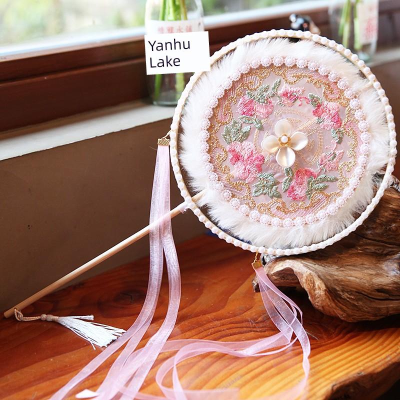 Double Petal Machine Embroidery Circular Fan Handicraft Photography Dance Court Retro Style Long Handle Bamboo Fan