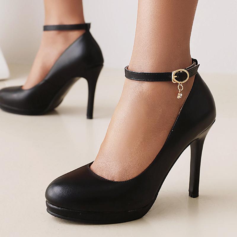 Ankle Straps High Heels Pumps Shoes Woman Elegant Round Toe Black White Heeled Office Dress Pumps Wedding Shoes Bridal Ladies