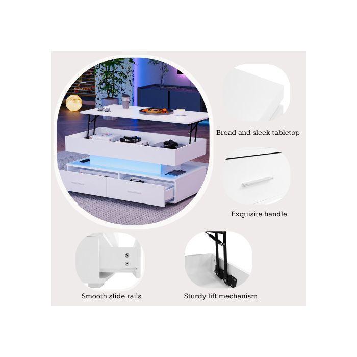 Măsuță de cafea hidraulică - MUVOE - Reglabilă pe înălțime - 2 sertare - Iluminare LED - Alb