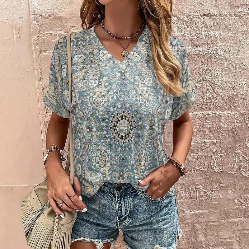 Tricou Boho Harajuku pentru damă, cu imprimeu grafic, cu mâneci scurte de vară, Topuri casual, la modă de stradă, tricou cu decolteu în V, îmbrăcăminte pentru femei, tricouri pentru femei